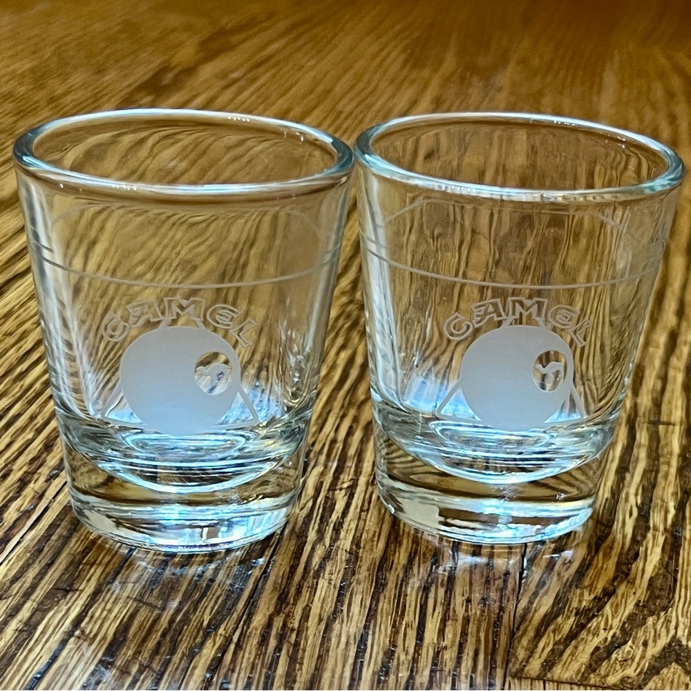 Vintage Camel Cigarettes Clear Glass Shot Glass Billiard Ball + Rack Etching